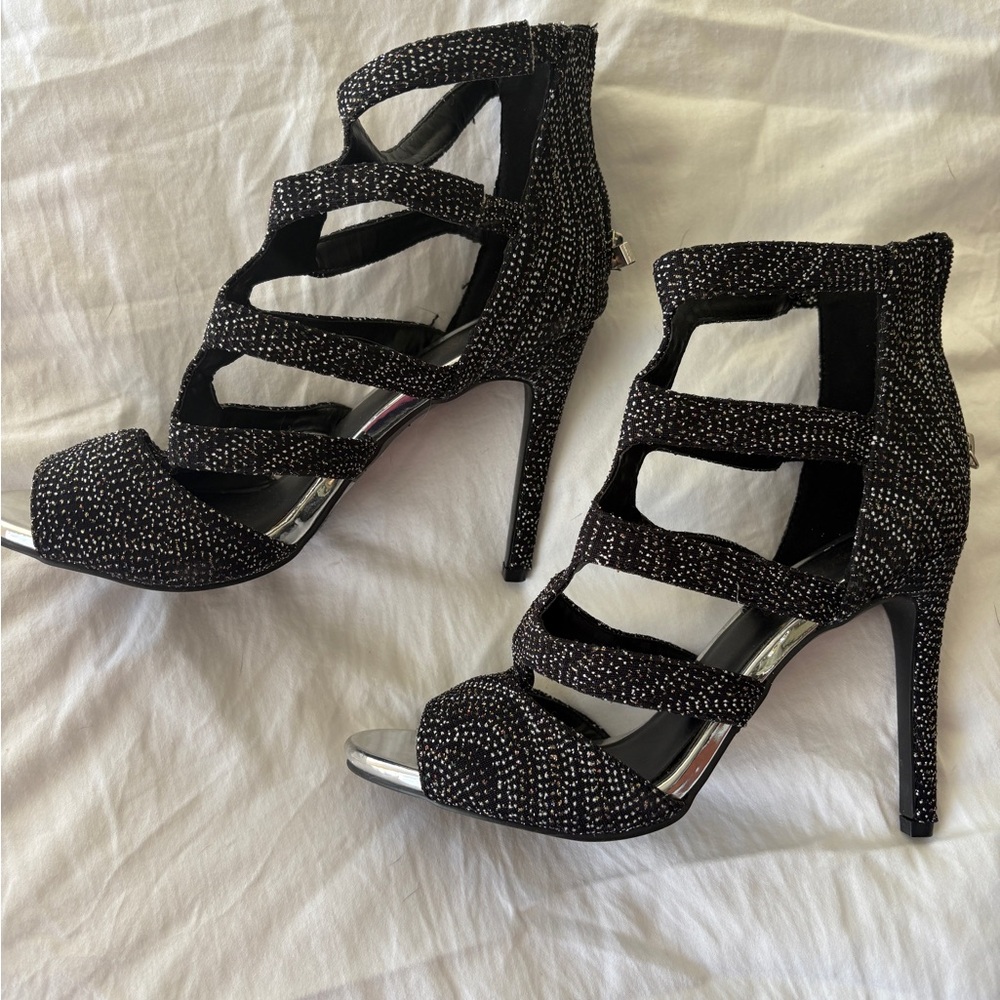 Anne Michelle Black and Silver Strappy Heels